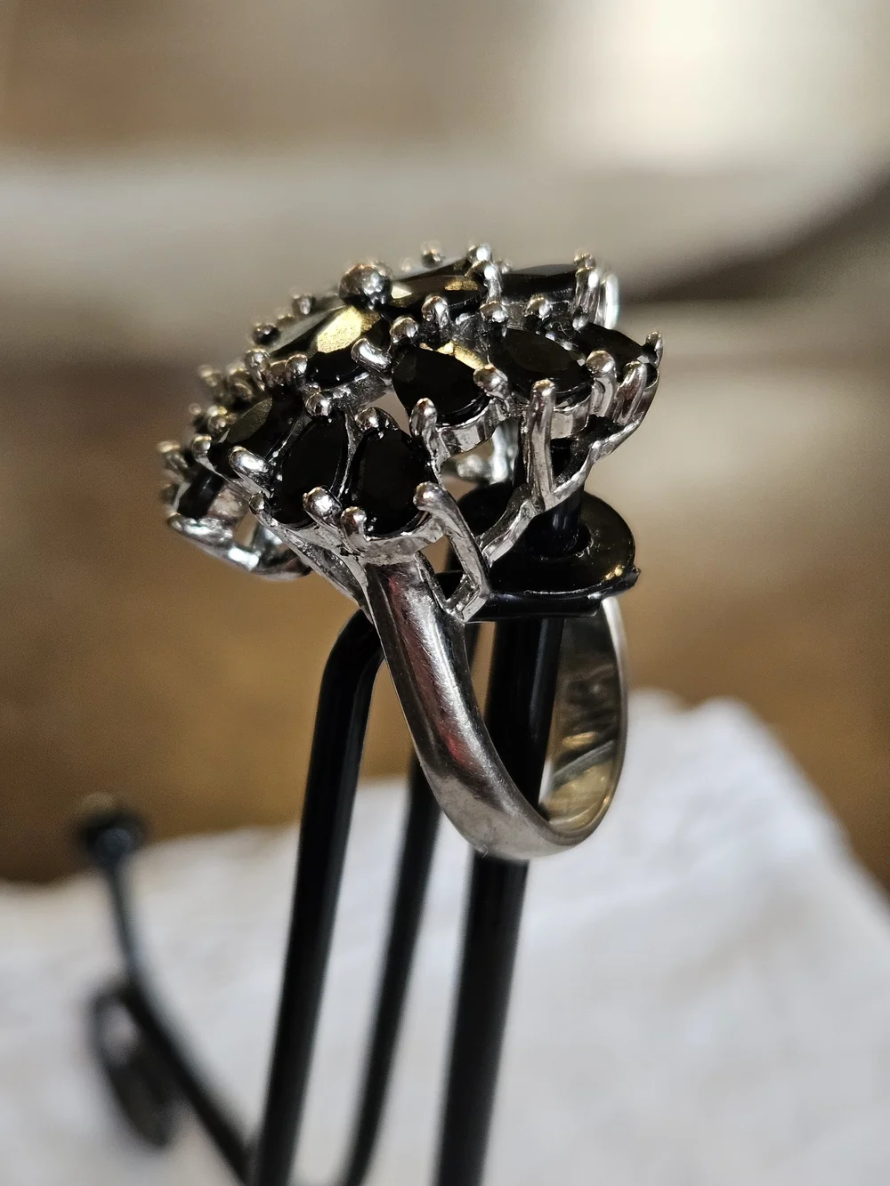 Silver Black Crystal Floral Cluster Ring
